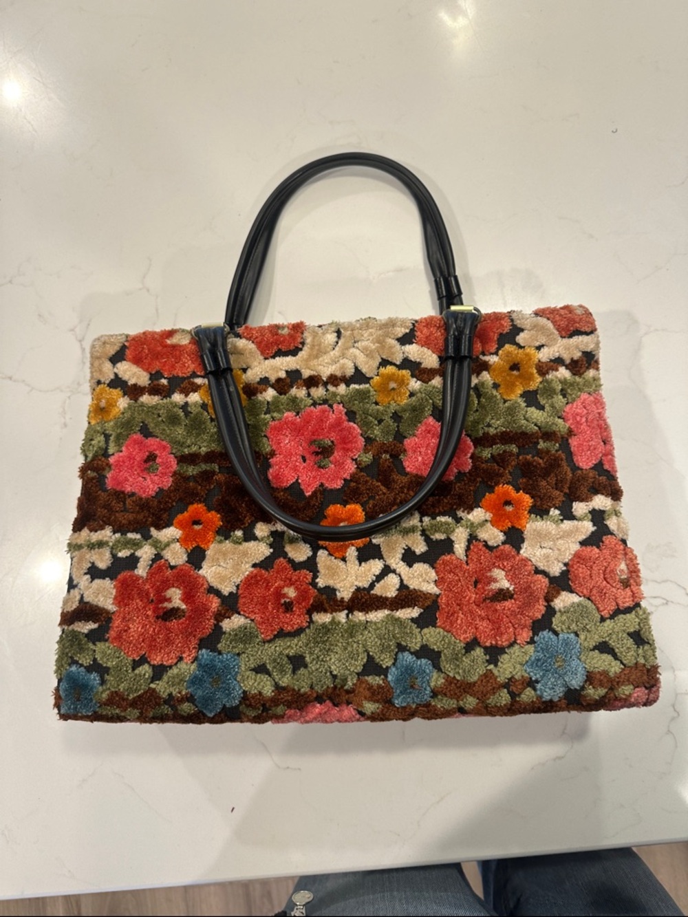 Floral Chenille Tote Bag with Black Handles